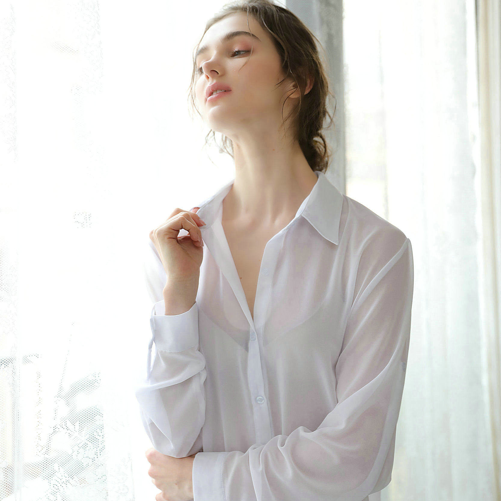 韩版白衬衫女中长款性感睡衣长袖宽松透视大码雪纺衬衣打底防晒衫