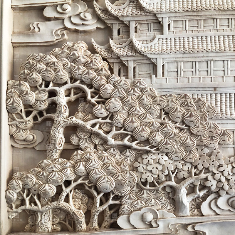 东阳木雕多层次手工叠雕黄鹤楼祥云仙鹤迎客松风景木雕