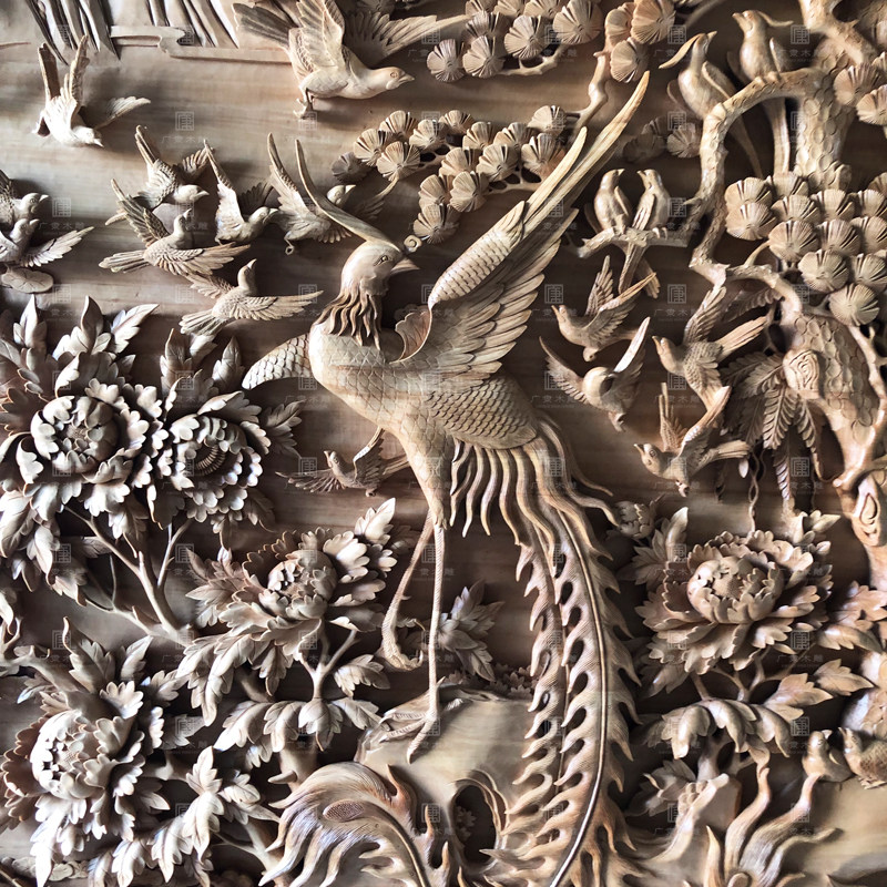 东阳木雕手工雕刻百鸟朝凤深雕背景墙大型实木浮雕木雕