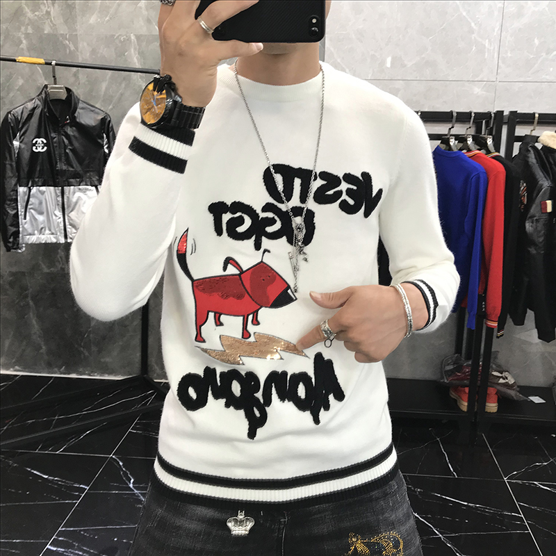 男士毛衣2021秋冬季欧洲站刺绣修身打底针织衫潮流毛线衣羊毛衫男