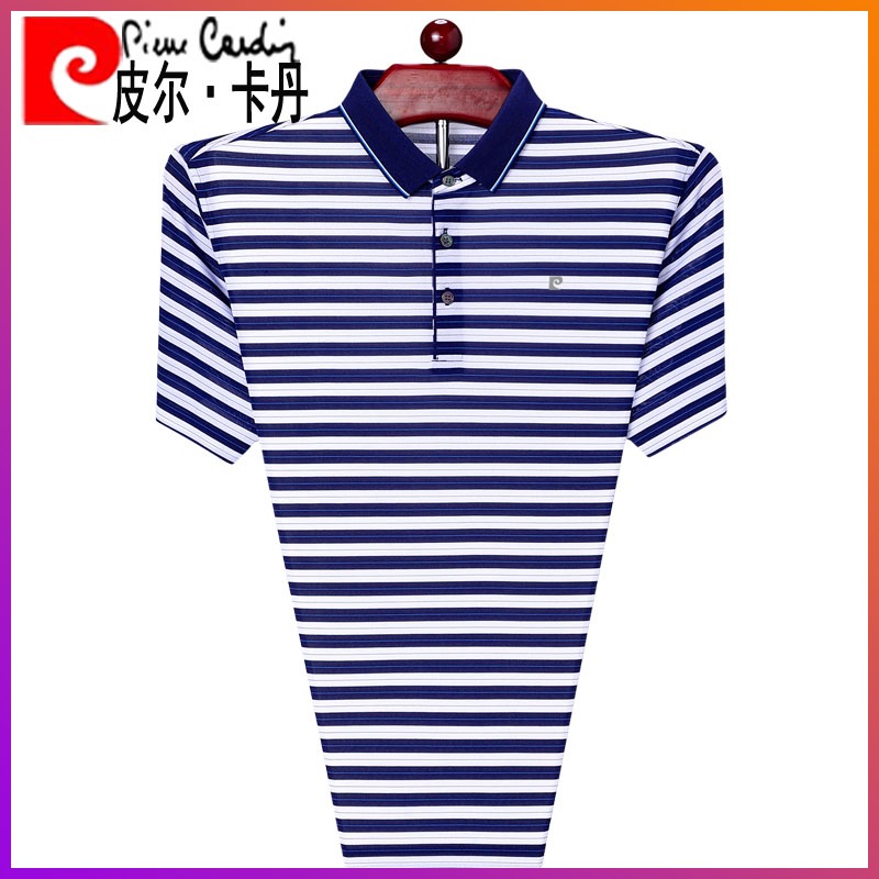 皮尔卡丹夏季中年短袖男t恤薄款冰丝翻领宽松海军风条纹POLO衫潮