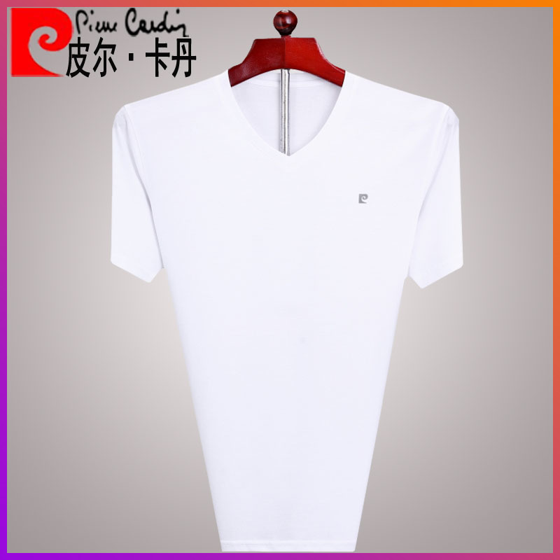皮尔卡丹夏季白色短袖男中年t恤宽松V领桑蚕丝纯色针织男真丝上衣