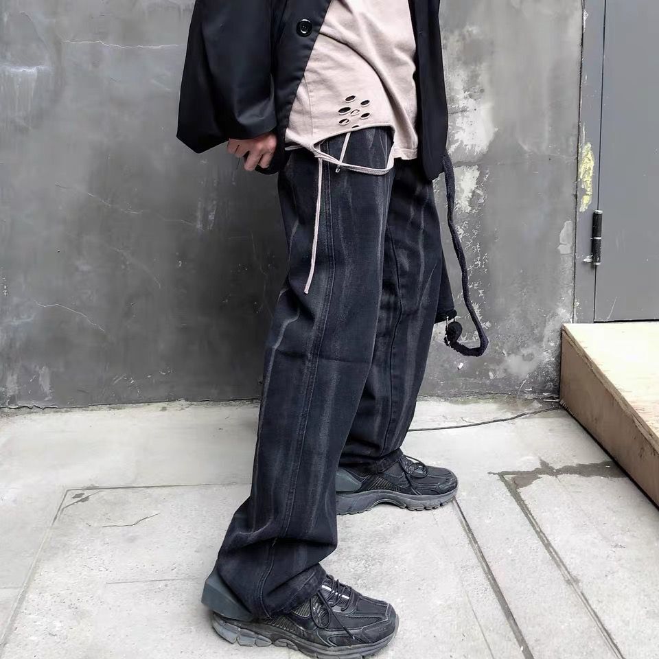 97BONES扎染水洗休闲裤阔腿暗黑高街做旧长裤子直筒牛仔裤男潮牌