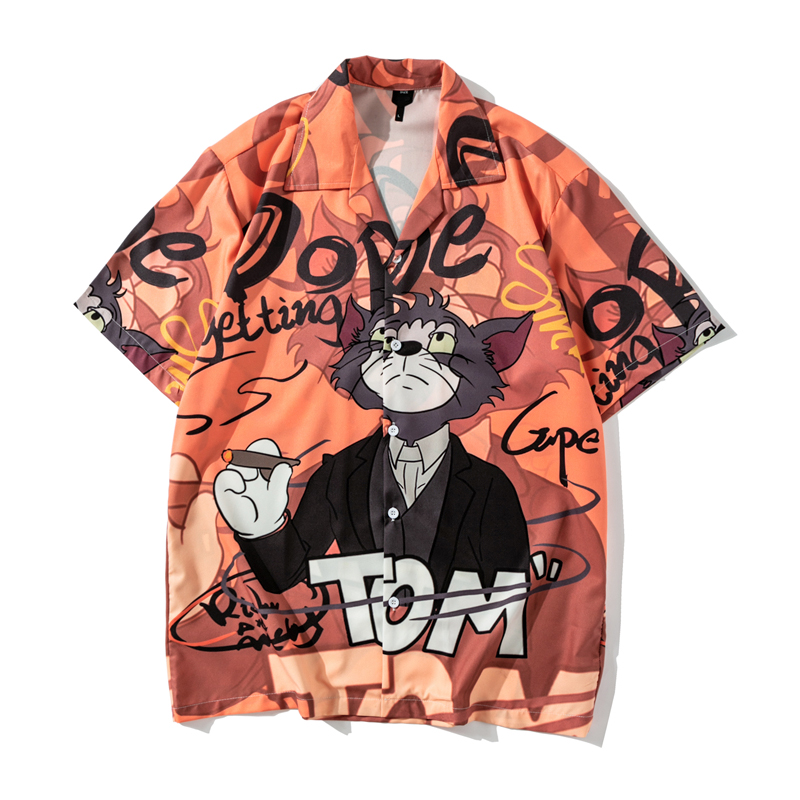 卡通汤姆猫个性印花情侣短袖衬衫原宿潮牌oversize嘻哈休闲衬衣男