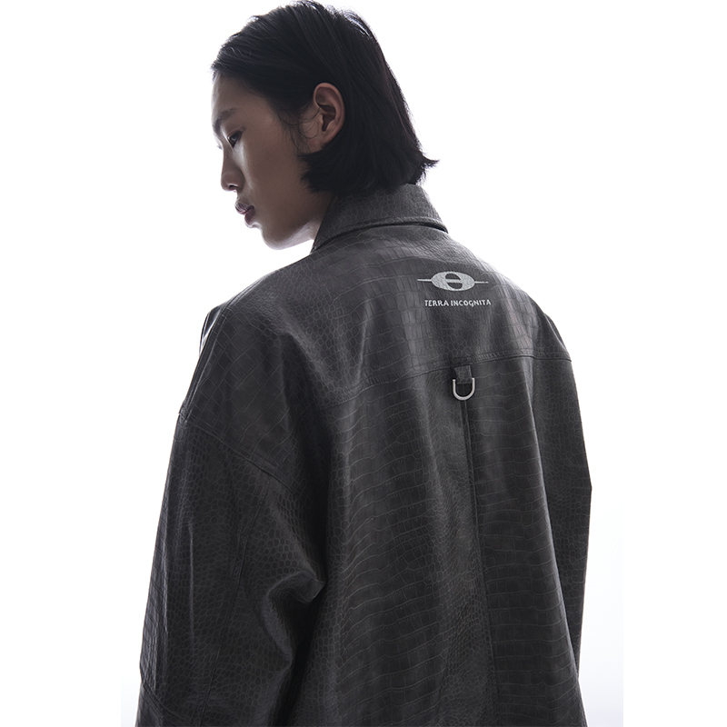 潮WOO专属TERRAINCOGNITA原创PU短款鳄鱼纹皮衣宽松百搭休闲外套