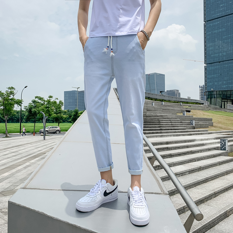 浅蓝色牛仔裤男修身直筒夏季薄款学生百搭九分韩版潮流休闲长裤子