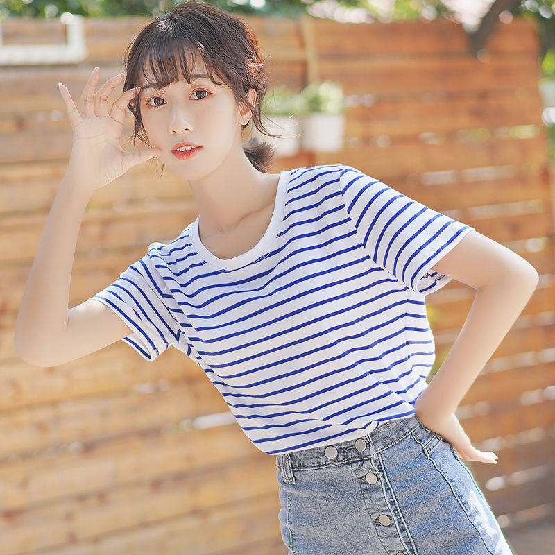 20新款宽松纯棉t恤女短袖学生基础条纹半袖百搭蓝色上衣夏 - 心雨轩