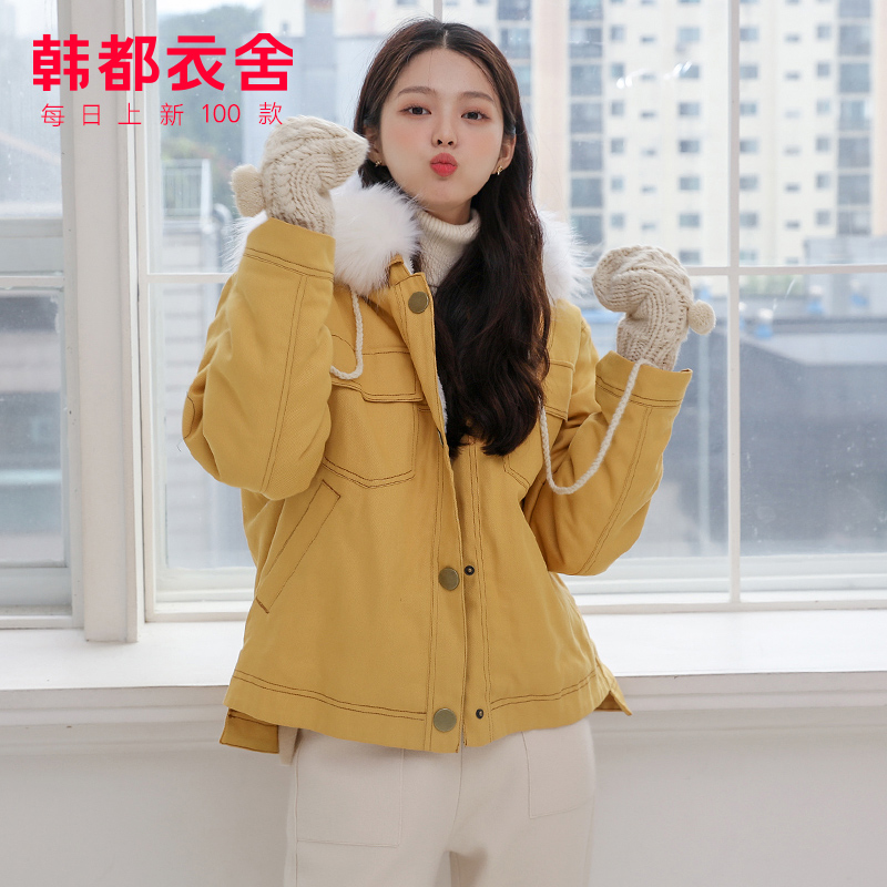 韩都衣舍2020韩版女装冬装新款短款加绒加厚毛领外套