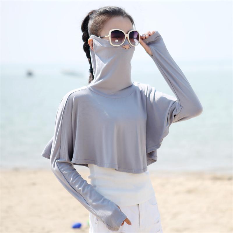 防晒披肩口罩莫代尔夏防紫外线沙滩海边骑车短款斗篷外套大纱丝巾