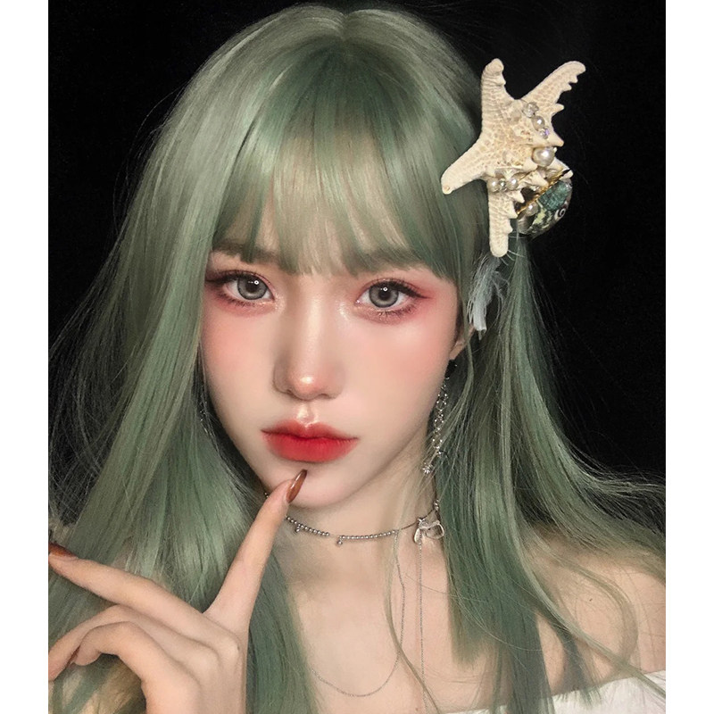 网红锁骨绿全发抹长直中长齐肩少女假发绿日日常整顶假发