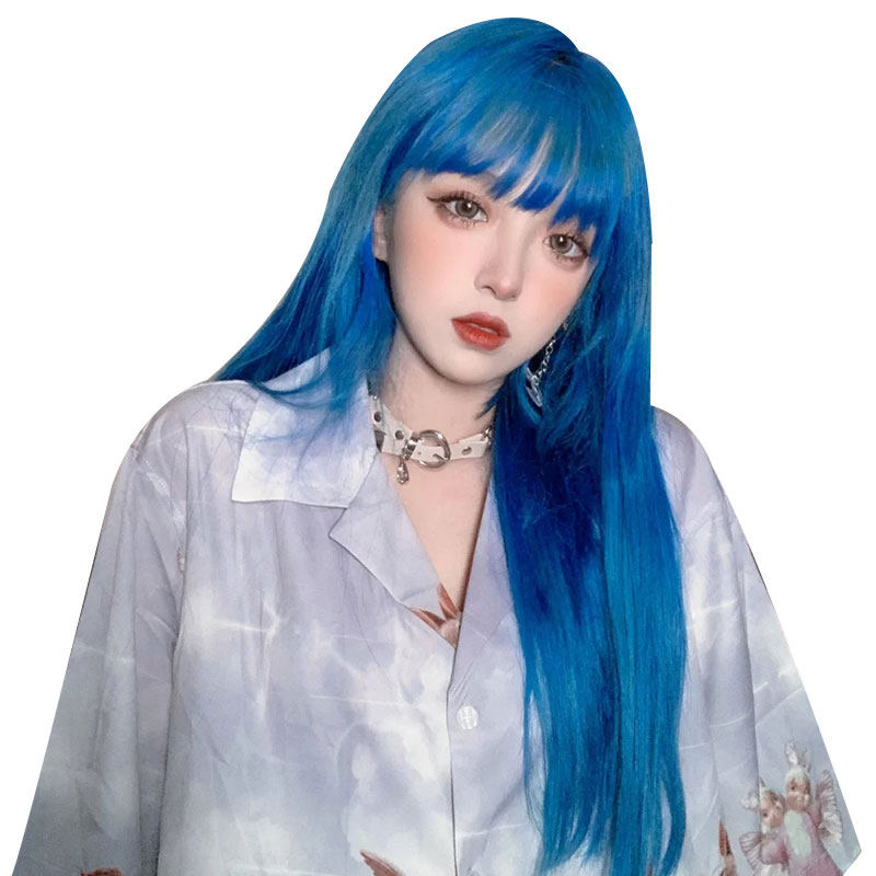 深海蓝色假发长发女团自然全头日常湖蓝网红日常整顶假发