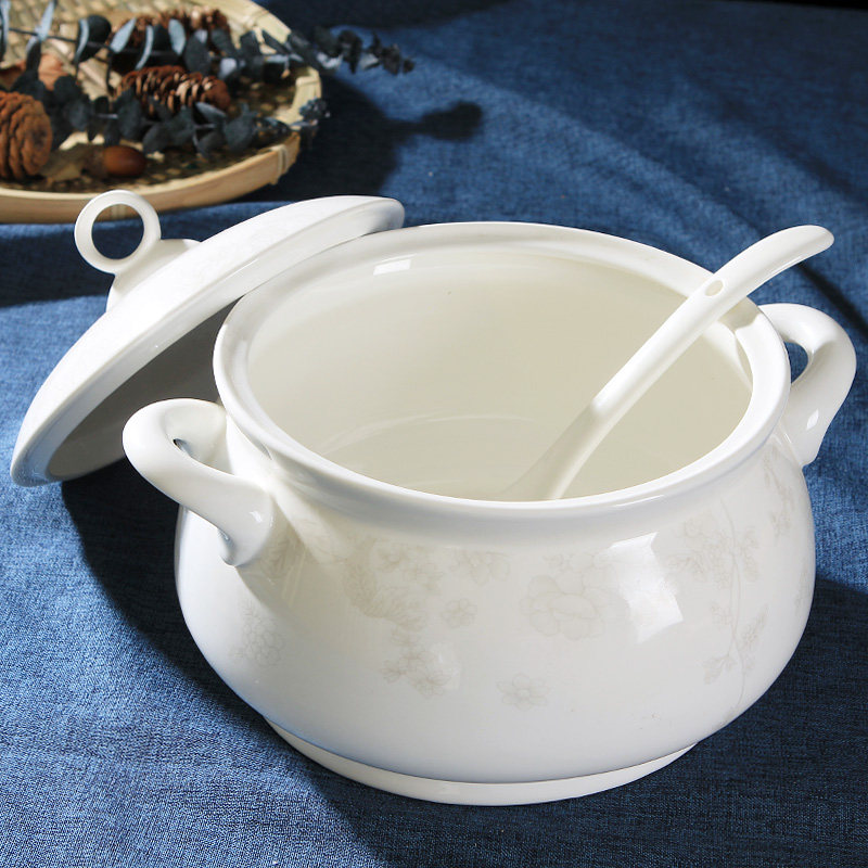 景德镇陶瓷汤锅骨瓷大号汤盆双耳防烫宫廷煲带盖家碗