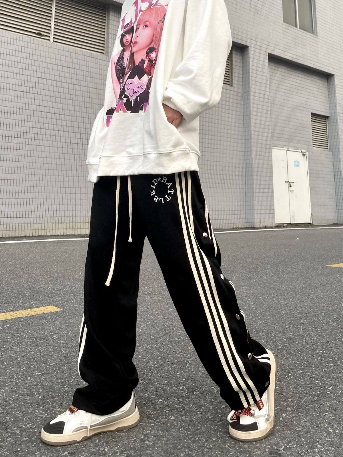 记住南高 国潮高街条纹运动侧排扣裤街头抽绳休闲直筒hiphop裤子