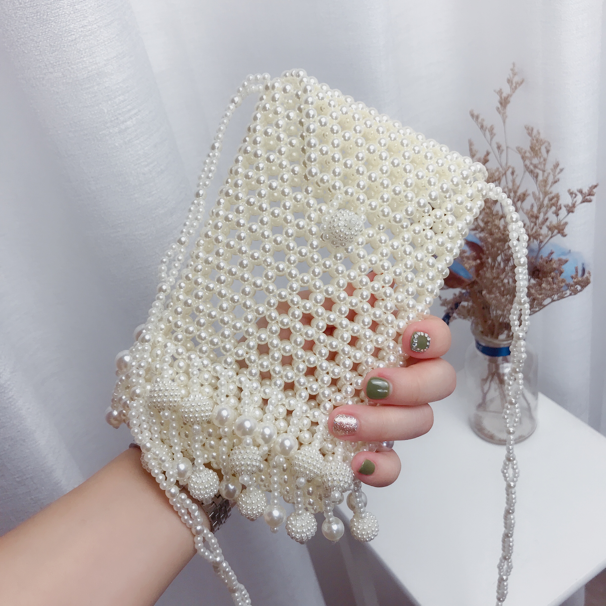 日韩珍珠包女手工串珠编织网红单肩小包包包手机包