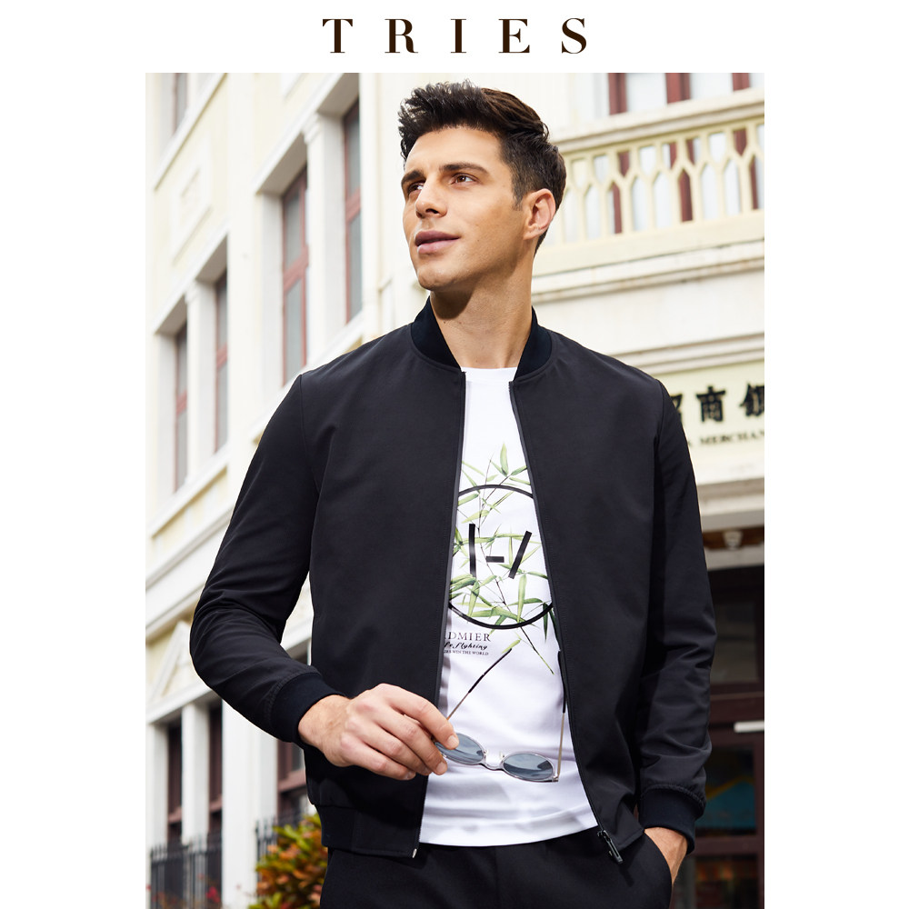 才子夹克男春秋季新款棒球领男装商务休闲茄克衫修身纯色薄款外套