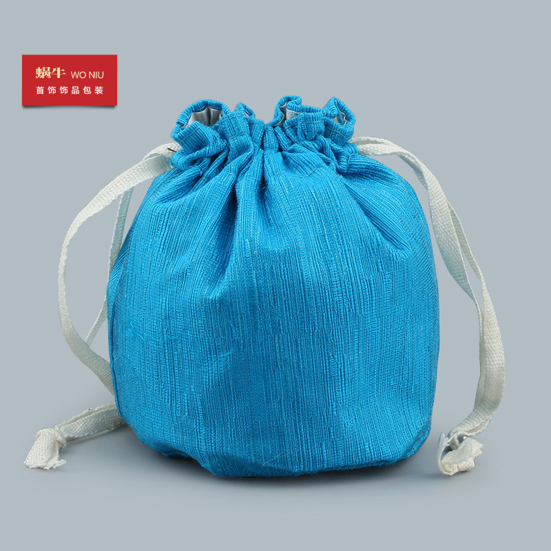 宝蓝色圆底麻布丝条纹包锦囊袋饰品收纳袋圆柱袋束口抽绳首饰袋