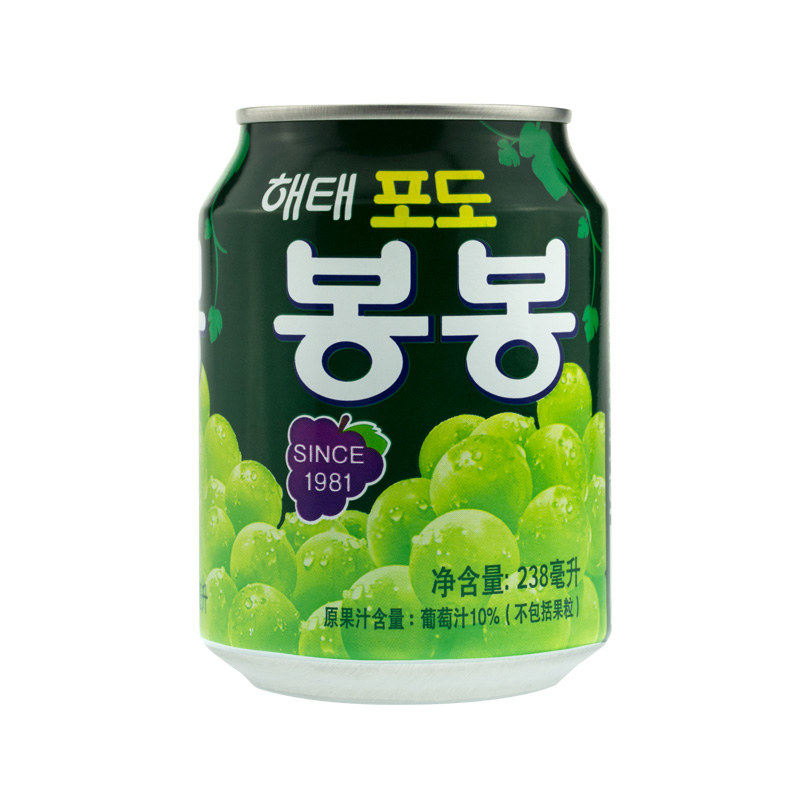 韩国进口海太葡萄味果粒/桃果粒/草莓果汁饮料含果肉238ml/罐装
