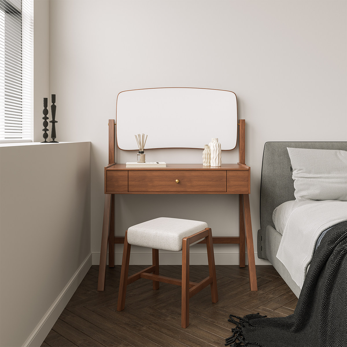 梳妆台谷及简约韩式胡桃胡桃木木色原木风温馨卧室梳妆台