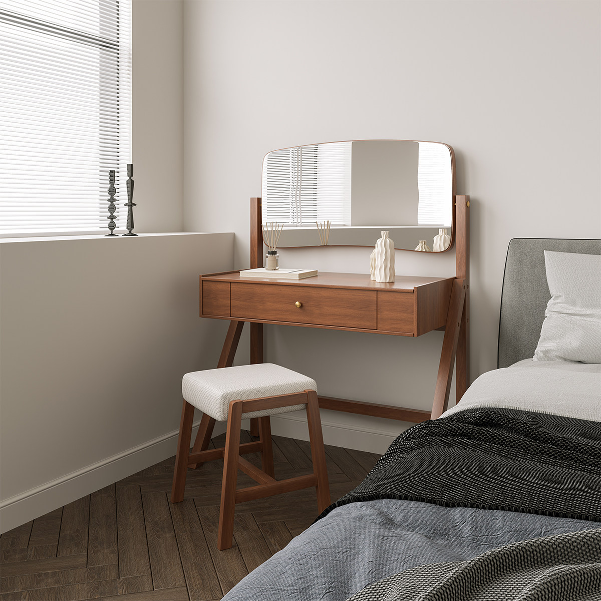 梳妆台谷及简约韩式胡桃胡桃木木色原木风温馨卧室梳妆台