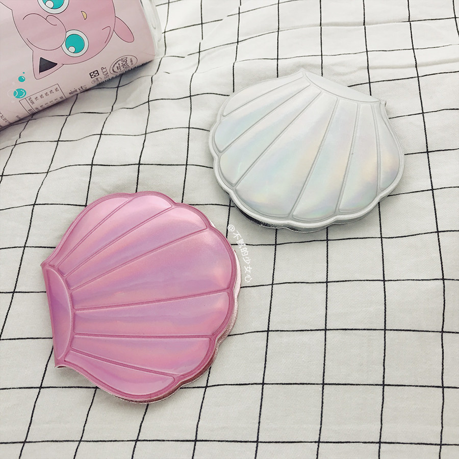 镜子ins同款复古炫彩镭射人鱼少女心贝贝壳随身化妆镜