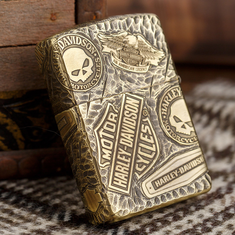 打火机zippo正版纯铜五面雕刻防风盔甲哈雷限量zippo