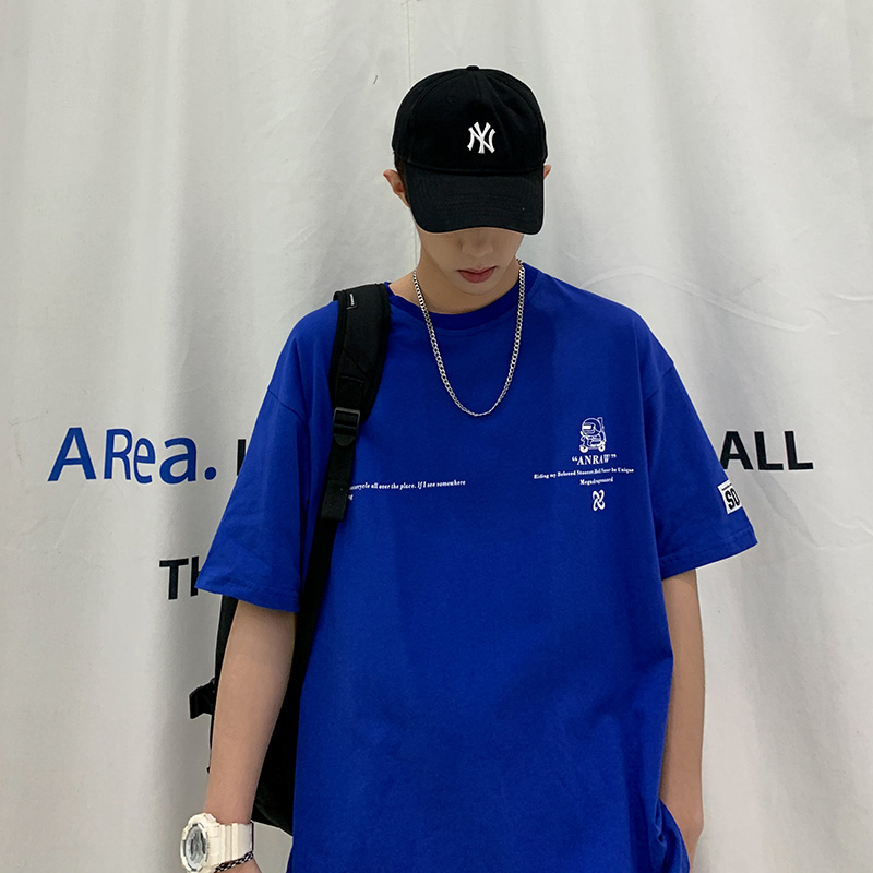 短袖t恤男夏季纯棉上衣服休闲男士体恤宽松潮流学生潮牌克莱因蓝