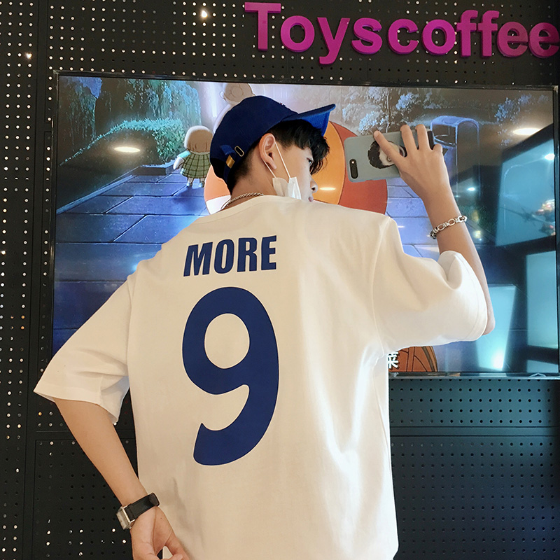 夏季男潮牌短袖T恤潮流t桖血宽松体恤5五分袖ins半袖打底衫上衣服