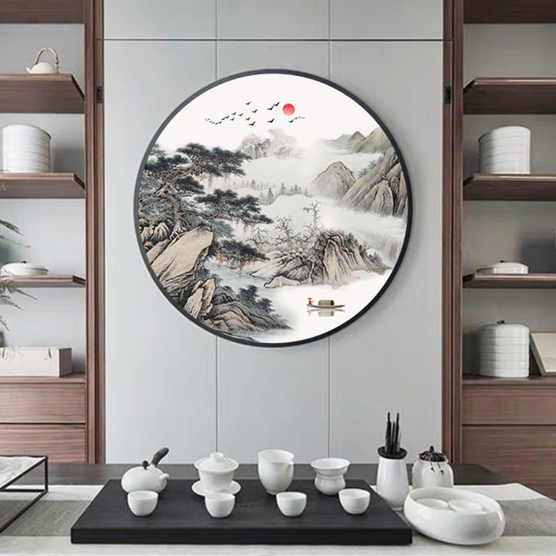 圆形壁画中式新中式玄关风景山水迎客松墙面茶室现代装饰画