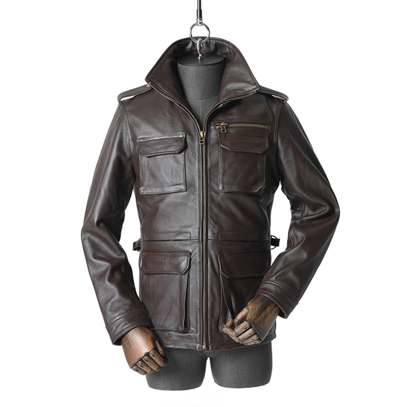 真皮猎装皮衣男头层牛皮中长款外套m65军旅夹克深棕色翻领修身型