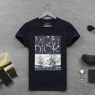 欧洲站男装个性贴布印花修身款体恤短袖T恤男夏大码半截袖打底衫