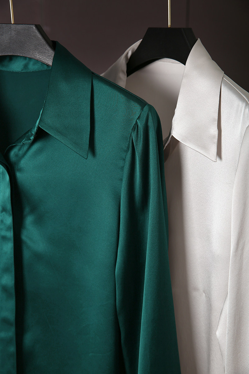 重磅真丝秋季长袖衬衫女素绉缎桑蚕蚕丝纯色衬衫