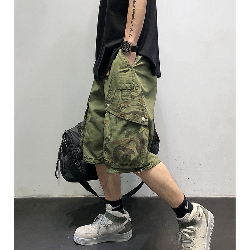 美式休闲工装大口袋拼接迷彩短裤男宽松嘻哈纯棉大码五分裤中裤潮