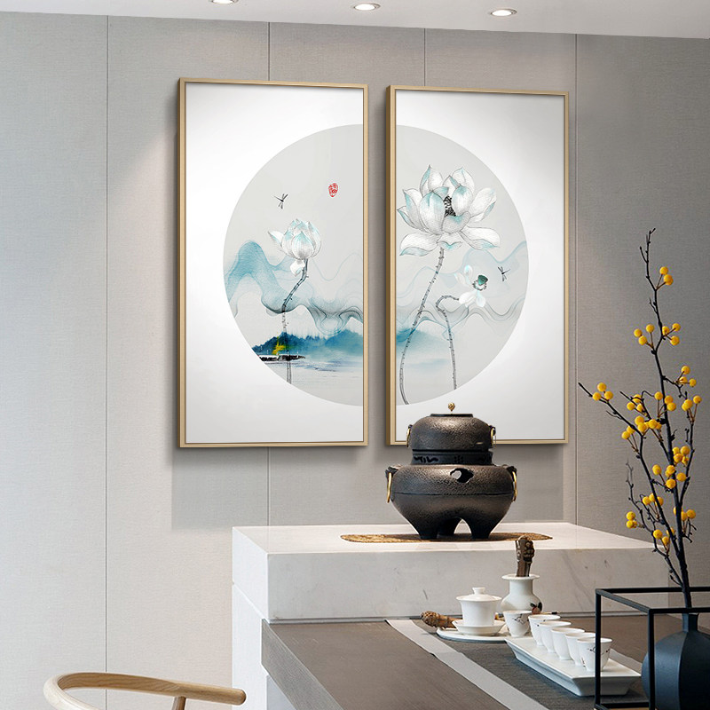 莲意玄关餐厅国风中国挂画书房荷花组合新中式现代装饰画