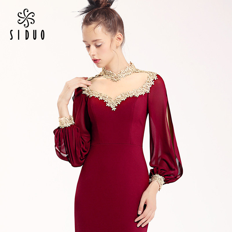 思朵秋冬简单大方优雅气质红色长款鱼尾镂空礼服