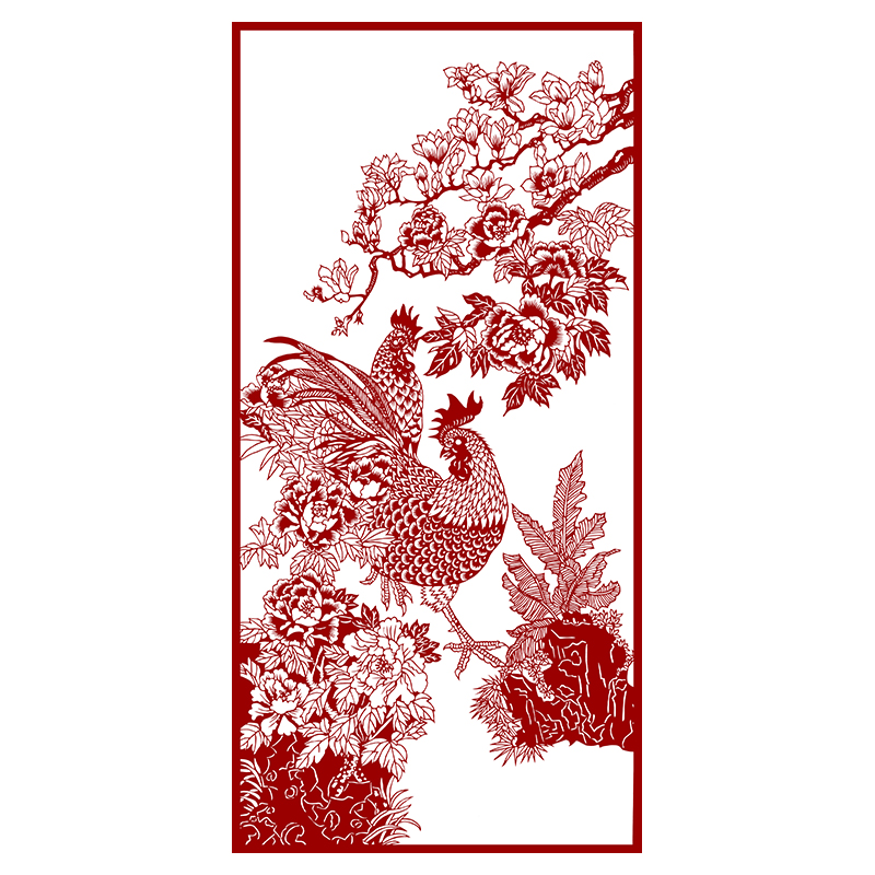 大吉图剪纸底稿图样花鸟牡丹锦鸡手工刻纸图案黑白打印底稿装饰画