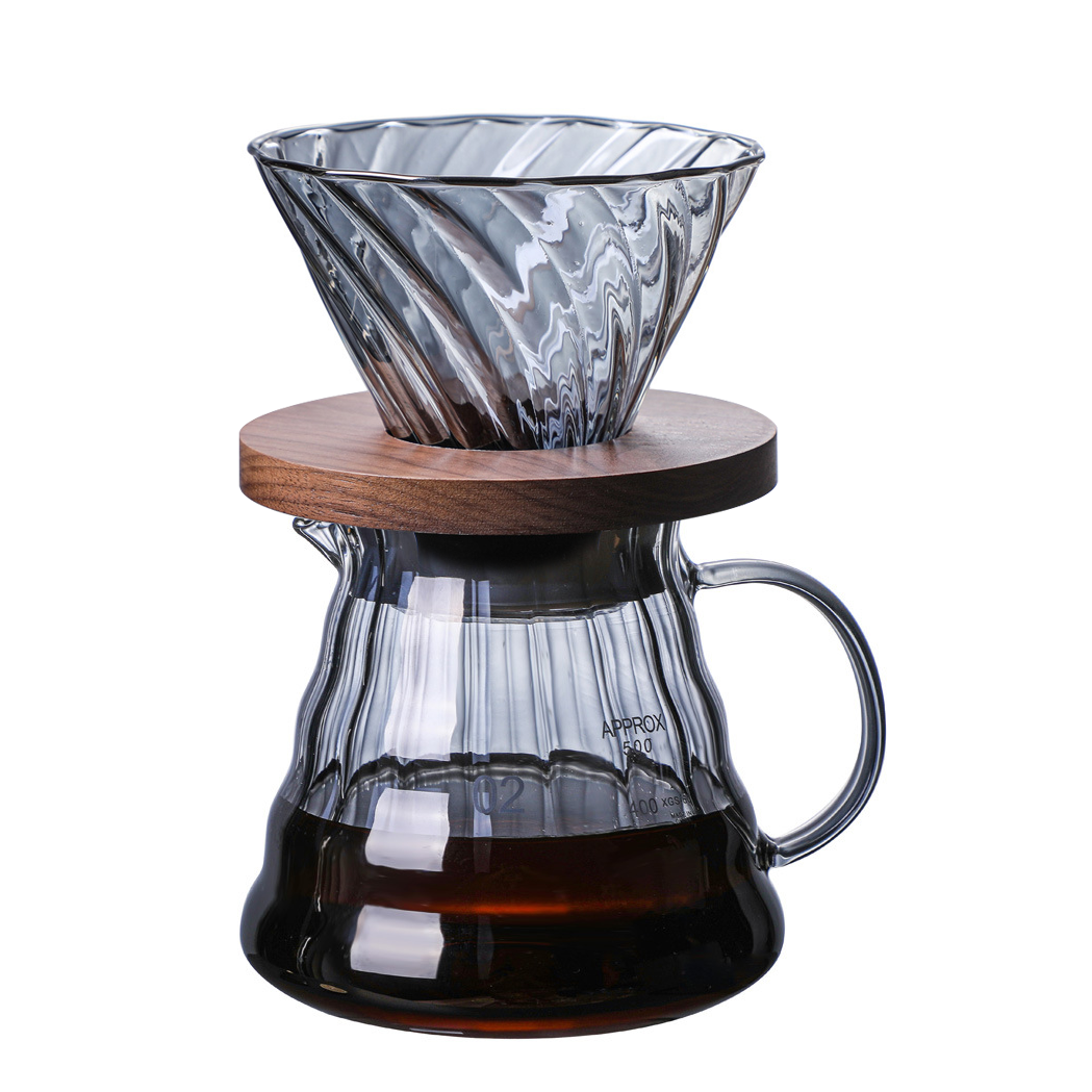 手冲咖啡灰色玻璃v60锥形滤杯胡桃木耐高温分享咖啡壶