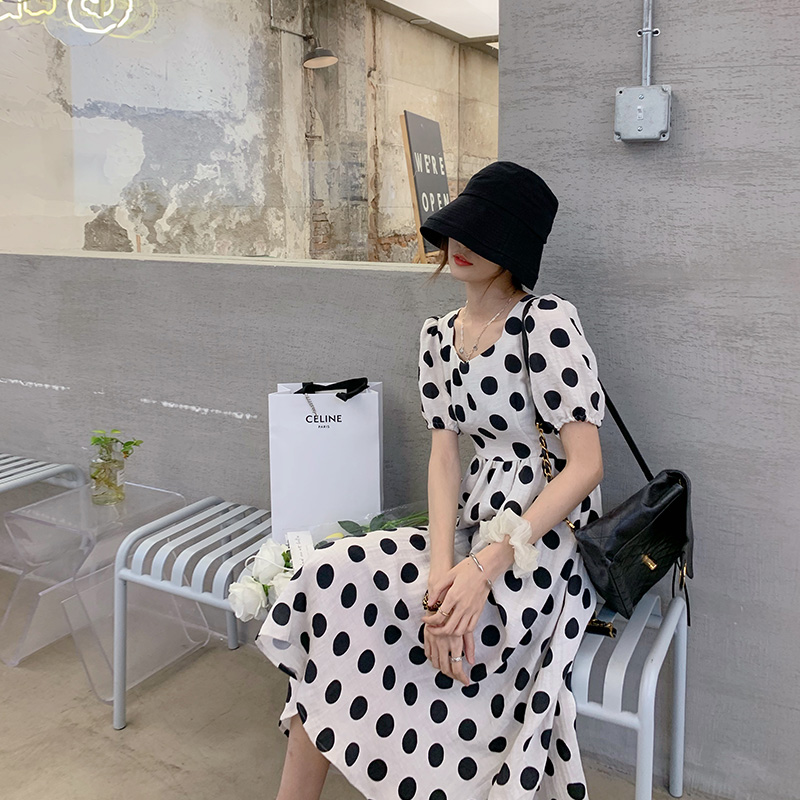 【TWO LEMON 西西里】夏复古赫本风白色波点连衣裙女长款显瘦长裙