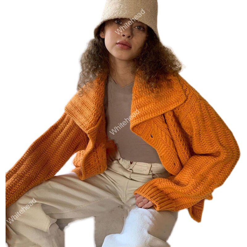 whitehead美式复古橘色显白长袖毛衣针织开衫外套毛针织衫