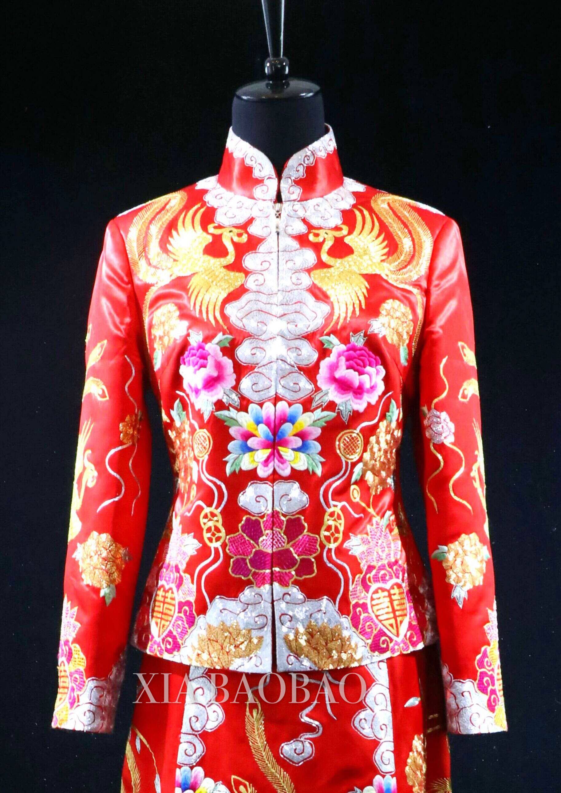 夏宝宝传统中式嫁衣龙凤褂/秀禾服/旗袍/盘纯手工金 苏绣双凤裙褂