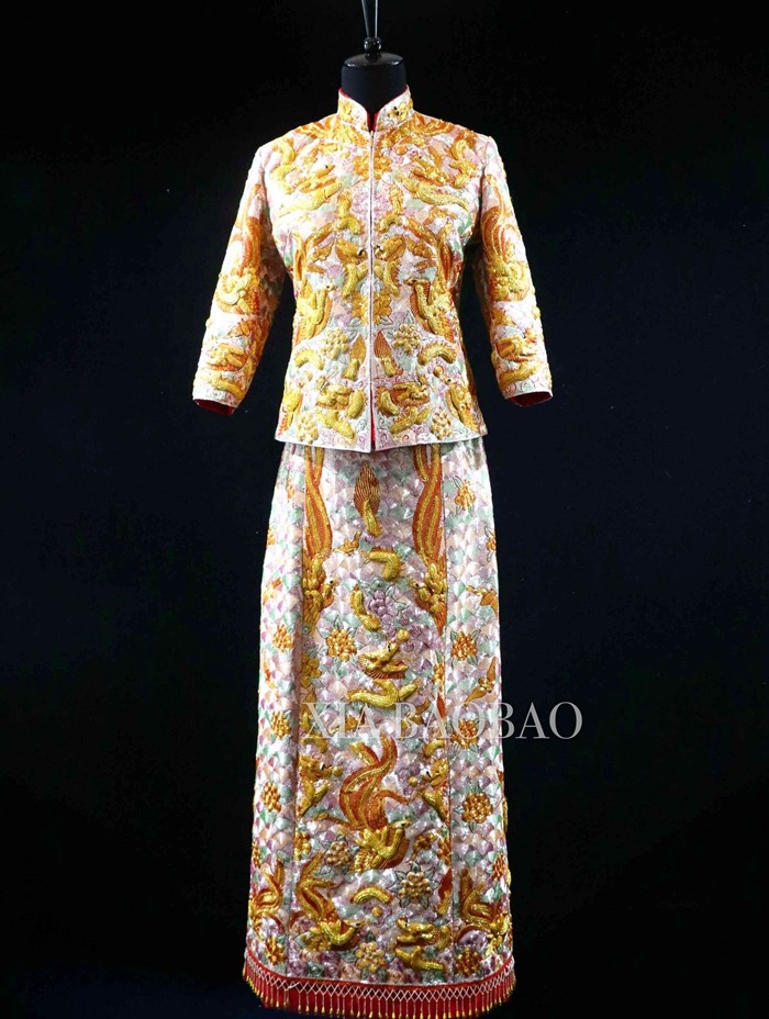 夏宝宝龙凤褂秀禾服旗袍明星胡杏儿龙凤褂褂皇传统纯手工盘金绣