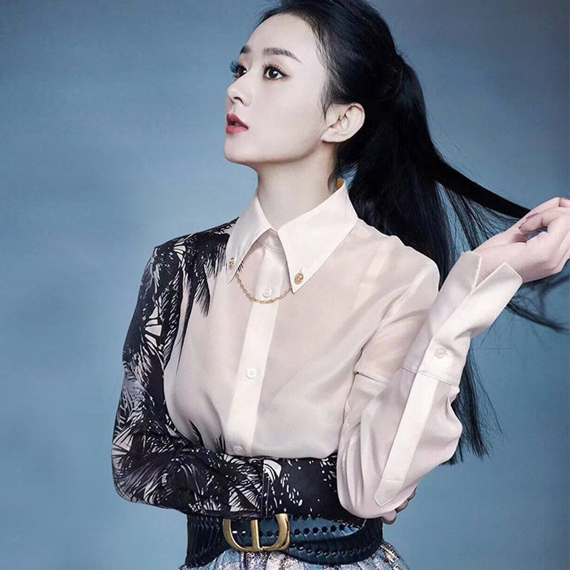印花衬衫女长袖20春款衬衣赵丽颖明星同款气质设计感小众女士上衣