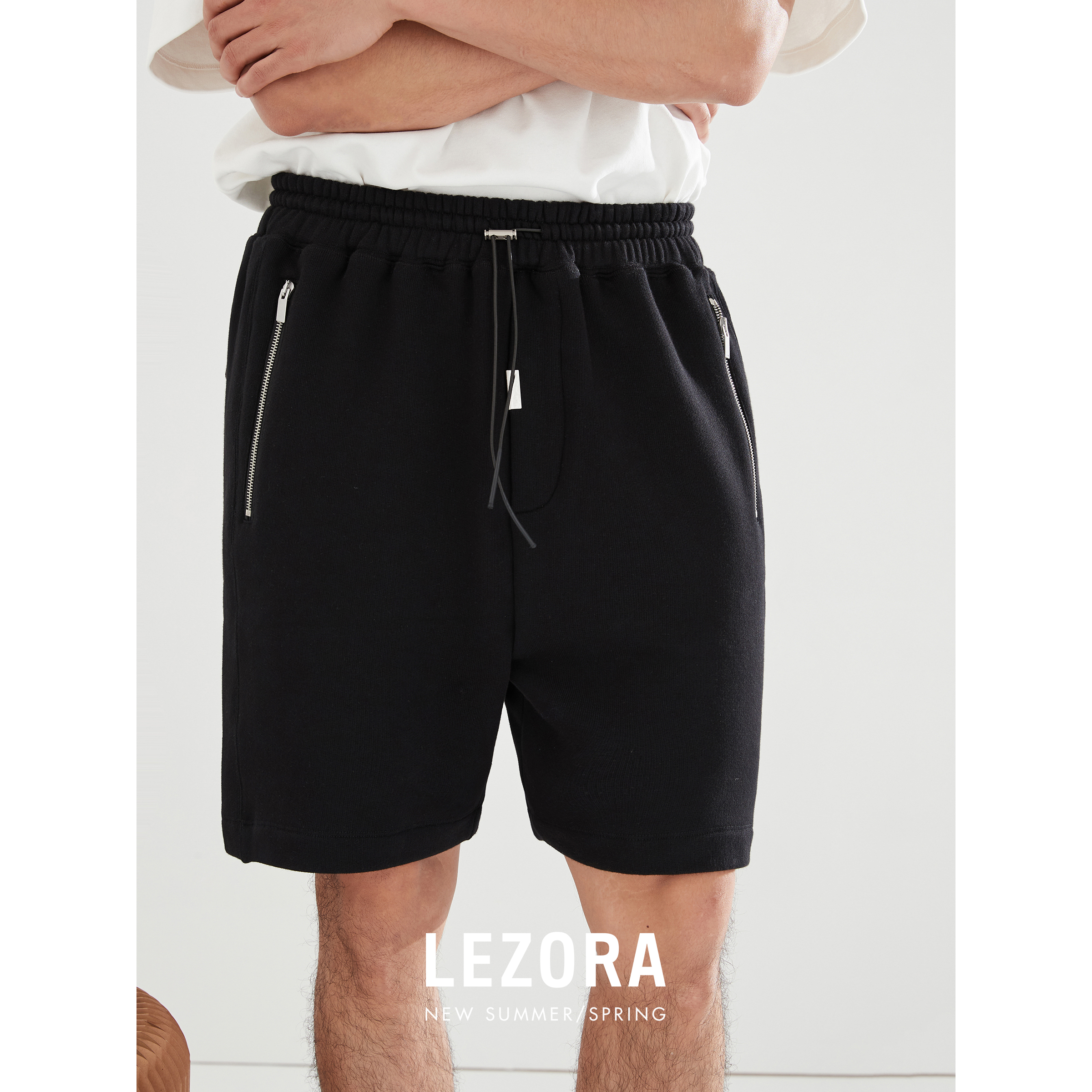 LEZORA 定织重磅350G全棉毛圈 直筒抽绳金属标运动五分短裤男