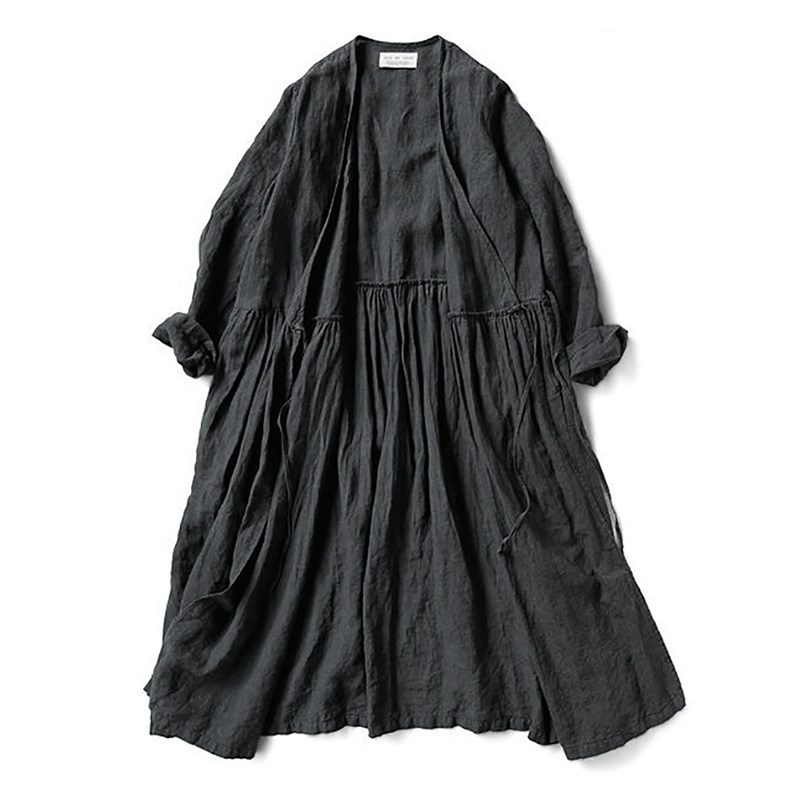 系带垂肩褶皱长袍植物染 |南山草木染 亚麻长袖长袍 缄言的河