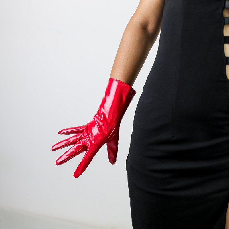摄影漆皮手套红色大红黑色中长cos贴手仿真手套