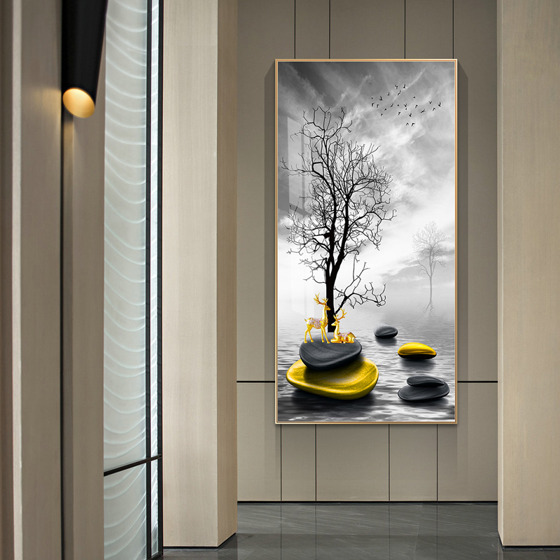 石来运转玄关装饰画金色石头麋鹿晶瓷挂画入户镇宅墙现代装饰画
