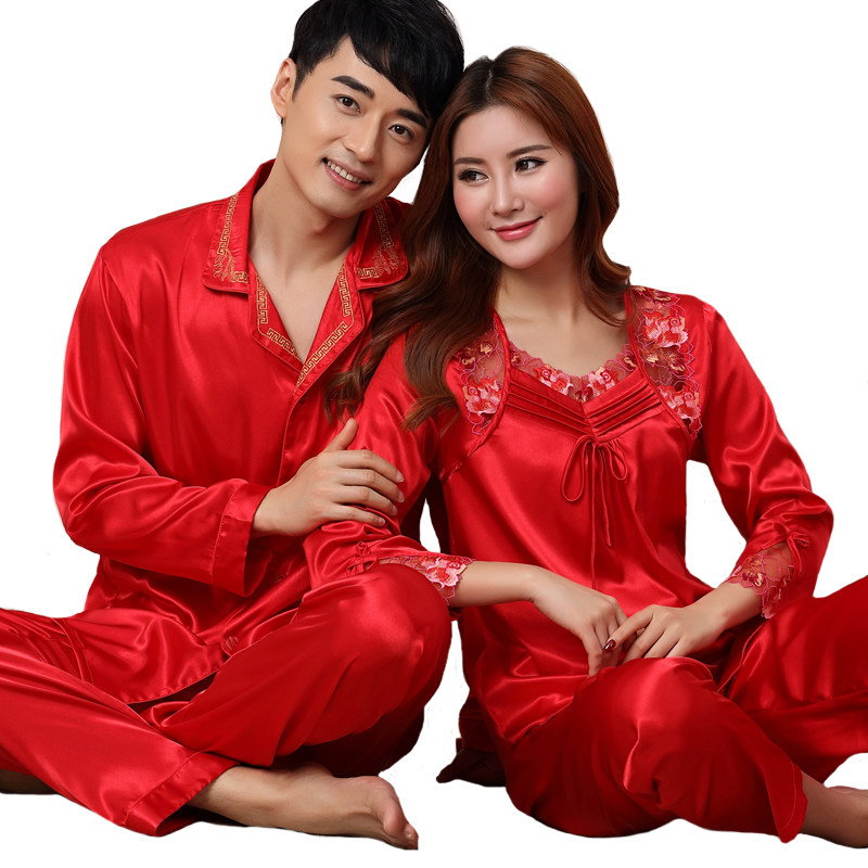结婚睡衣新婚情侣套装春秋大红色婚庆薄款丝质冰丝绸长袖家居服女