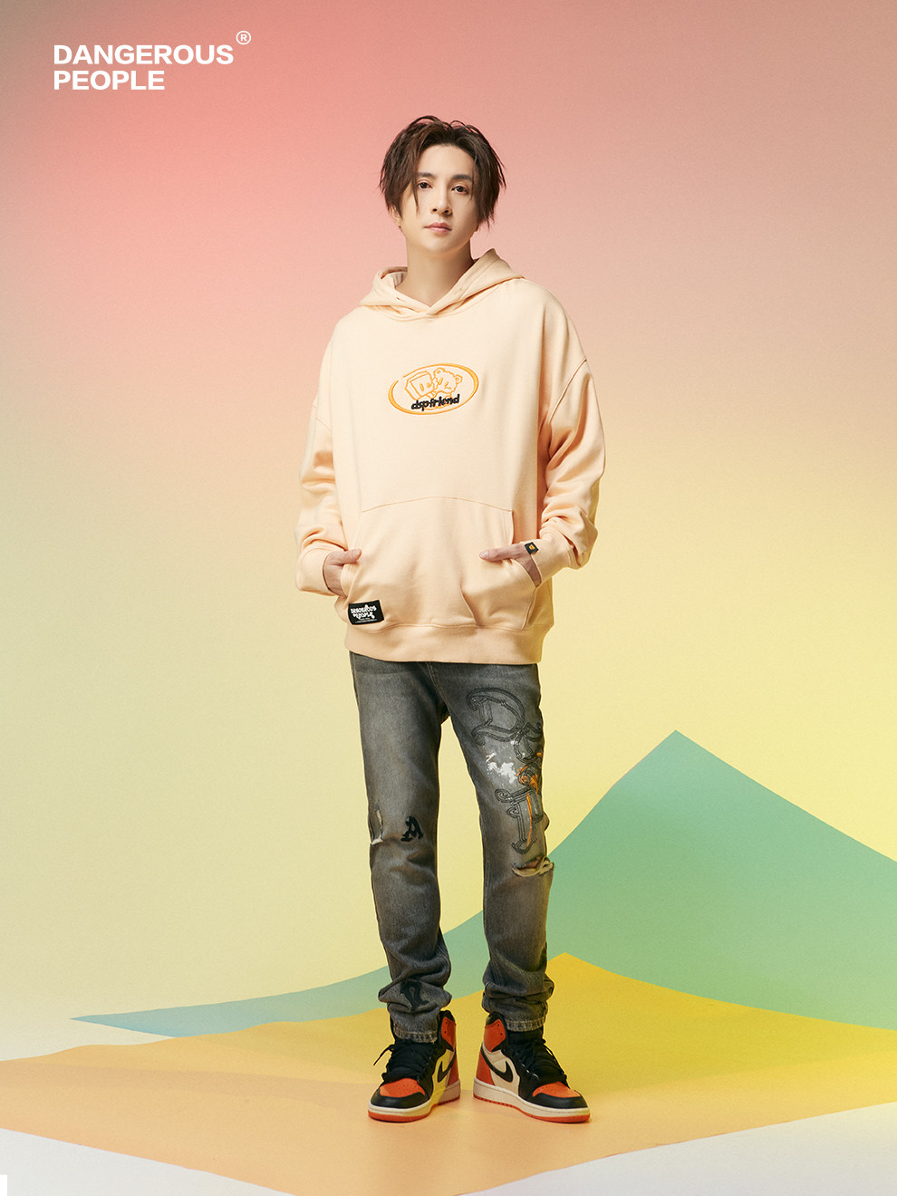 dangerouspeople薛之谦dsp休闲贴布字母做旧水洗直筒宽松牛仔裤