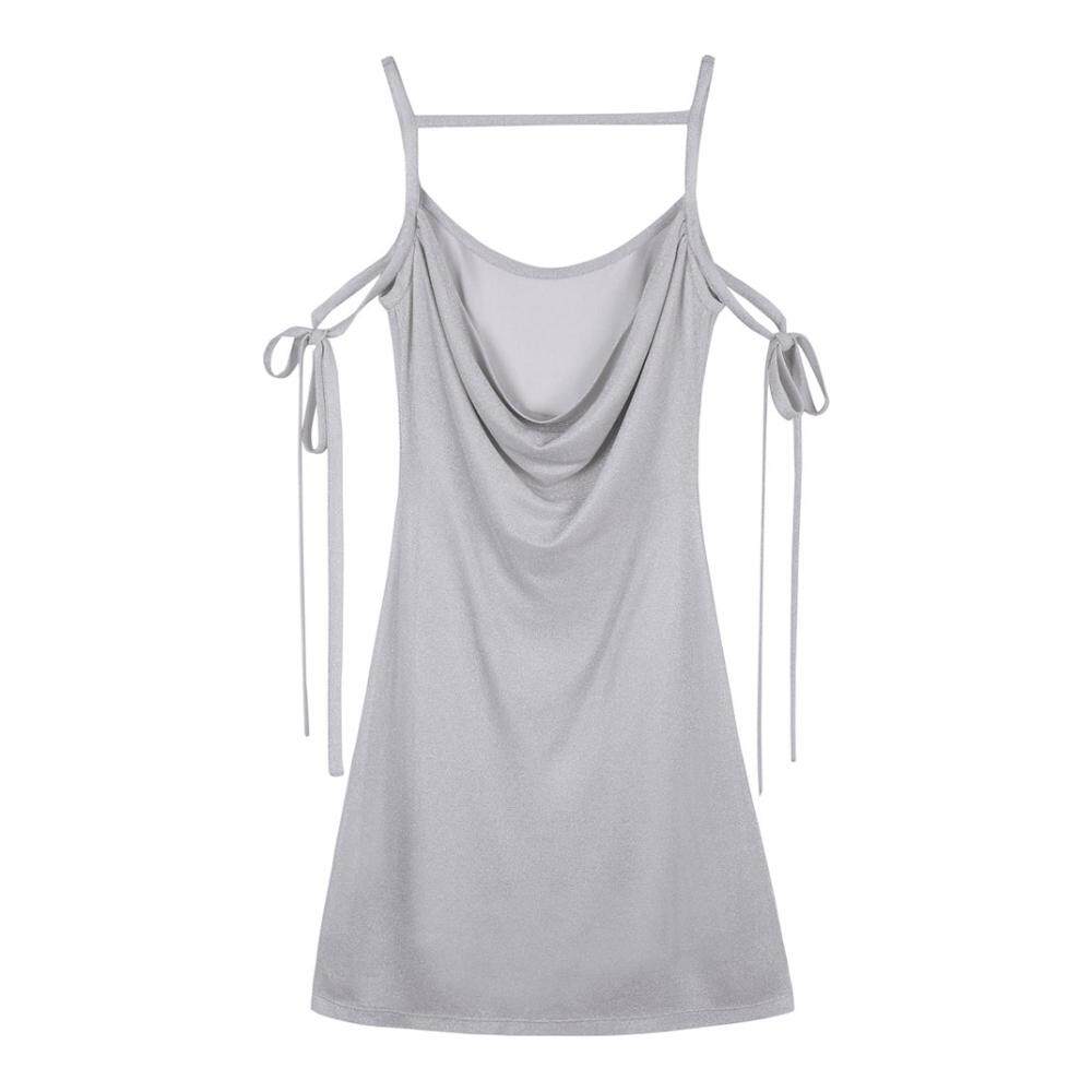 reineren银灰色简约百搭系带设计女士吊带连衣裙连衣裙