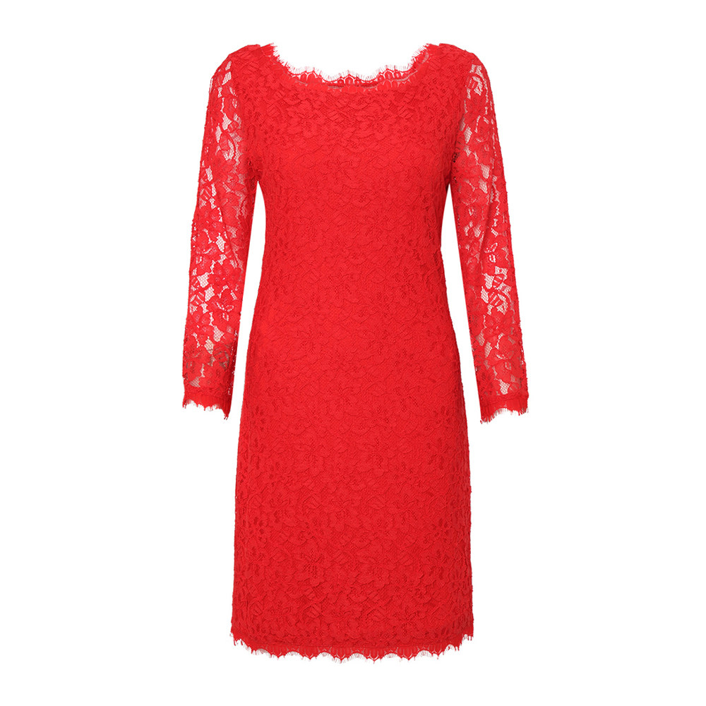 dianevonfurstenberg红色蕾丝蕾丝花花边女士长袖连衣裙连衣裙