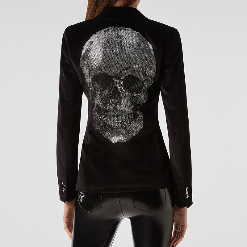 philippplein女士背面水晶骷髅头装饰天鹅绒外套新年礼物